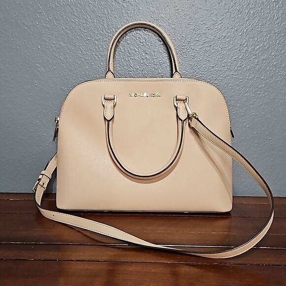 Michael Kors CINDY Large Dome Satchel Saffiano Leather Oyster & Gold 38S9XCPS3L - Picture 1 of 15